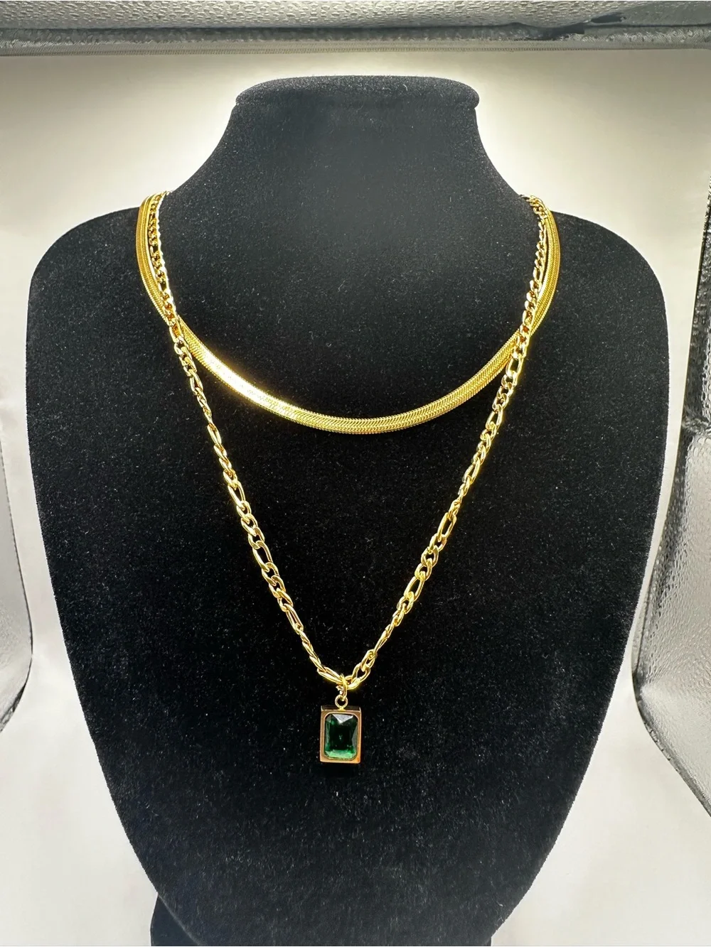 Stainless Steel Gold Emerald Pendant Necklace - Elegant Women Jewelry
